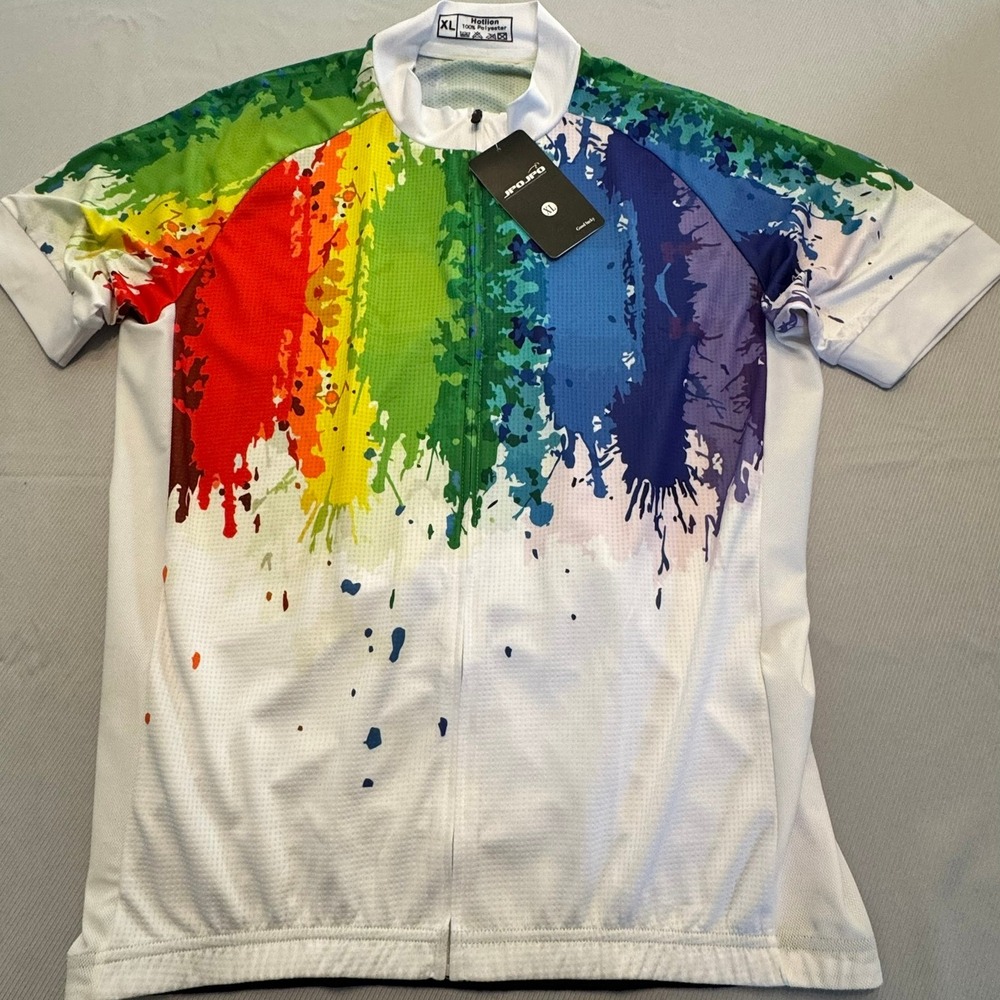 Hotlion Mens XL‎ Cycling Jersey Rainbow Paint Splatter Full Zip Short Sleeve NEW